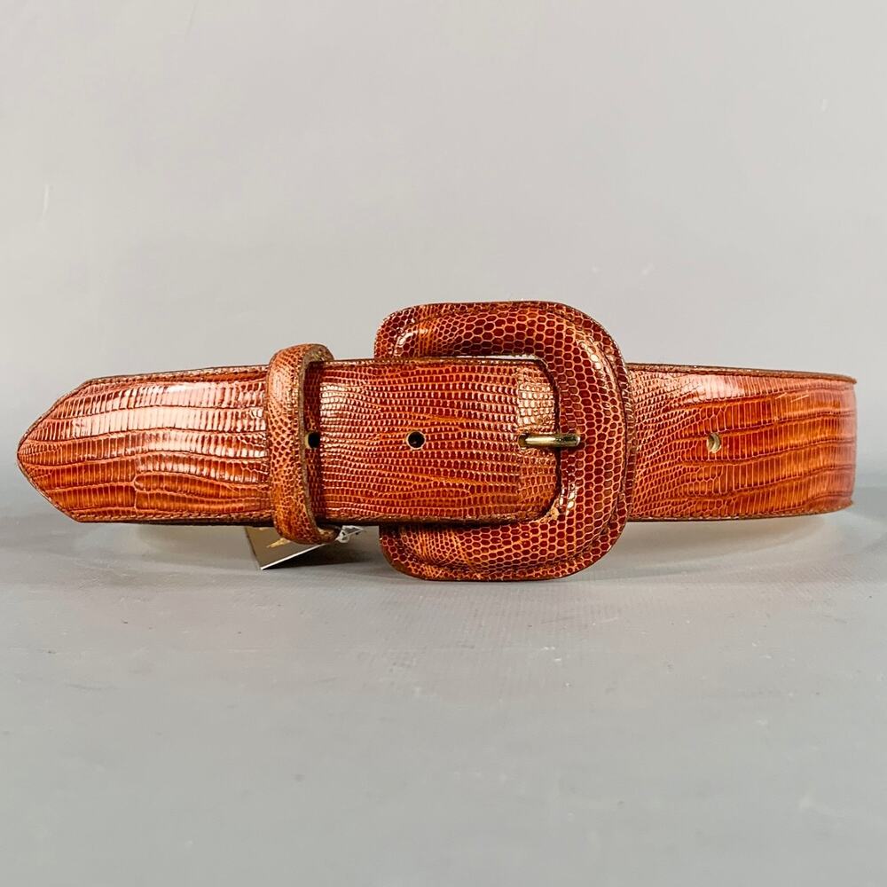 LINDA ALLARD Size S Brown Cognac Lizard Leather Covered Buckle Belt